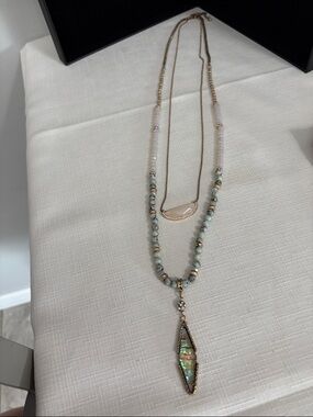 Gold-Tone Double Layer Necklace with Green Abalone Pendant